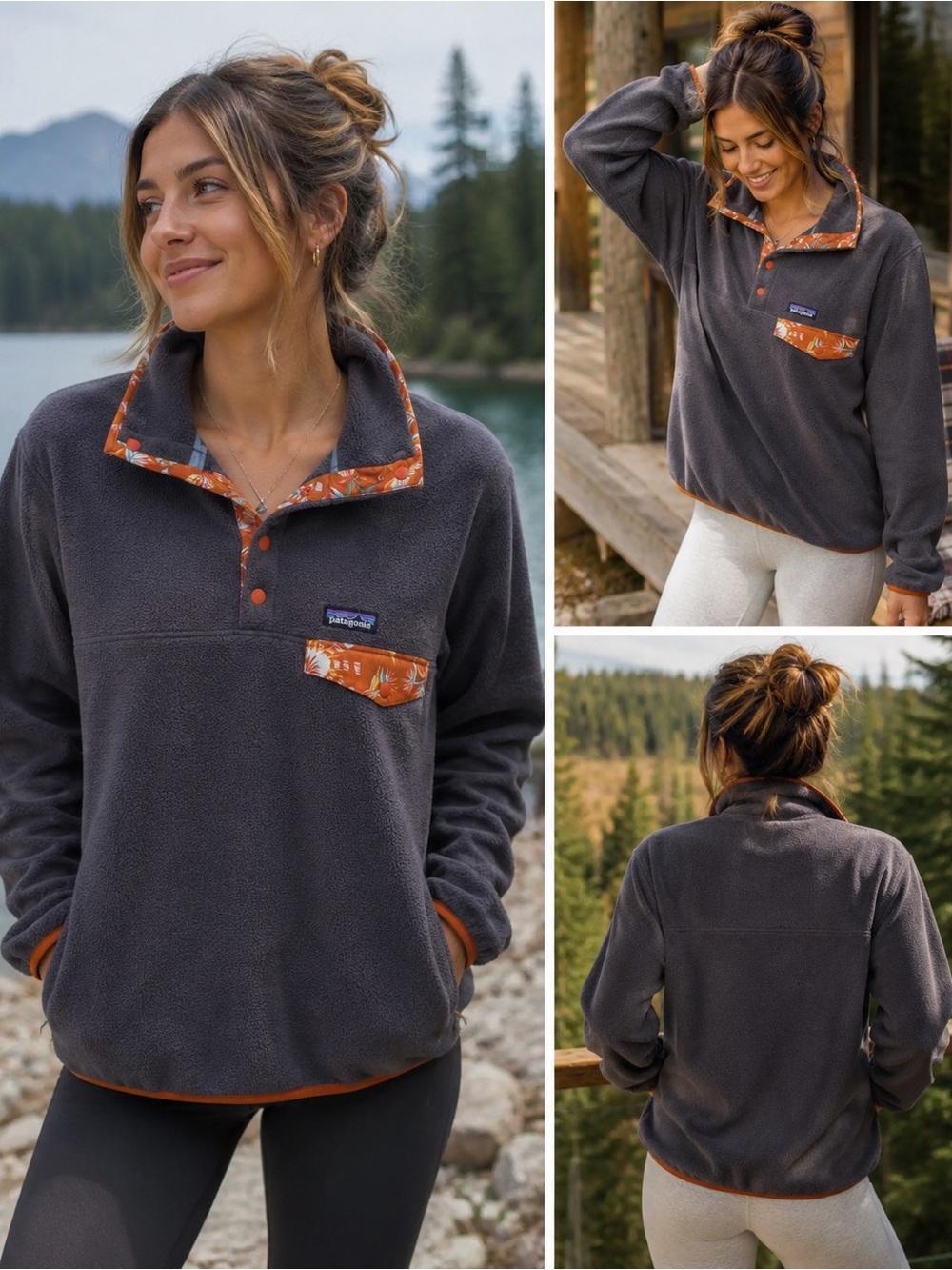 Patagonia Synchilla Fleece Pullover S Gray Orange Floral Trim Retro Outdoor